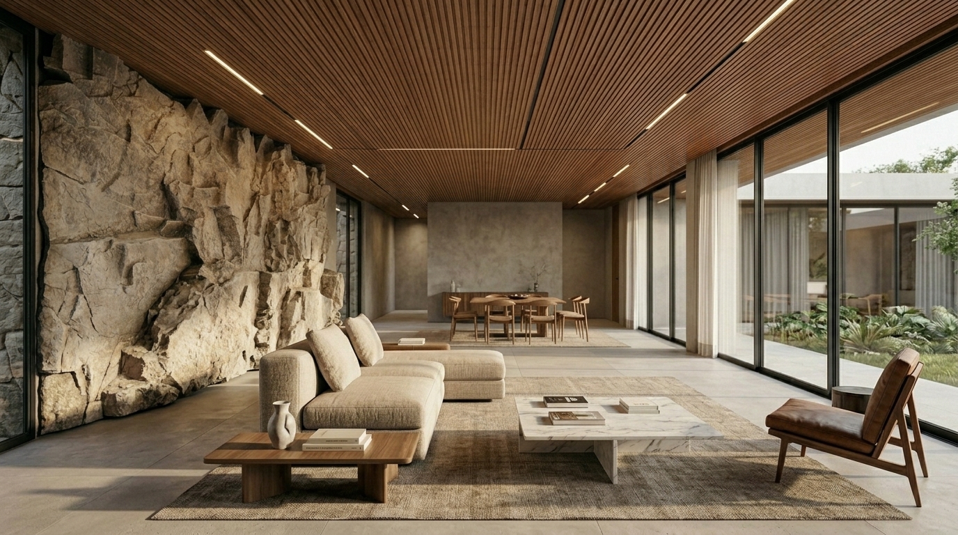 Stone House living room with a sculptural stone wall